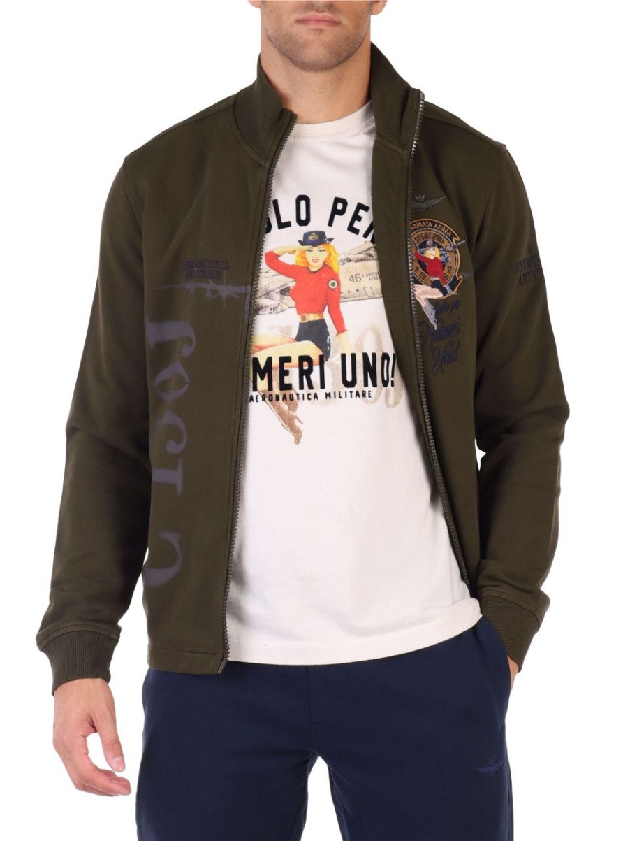 Uomo AERONAUTICA MILITARE | Felpa Regular Fit In Cotone Garzato Con Ricami Verde Scuro