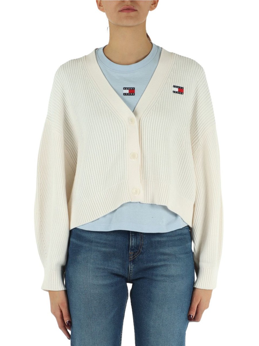 Donna TOMMY JEANS | Cardigan A Coste In Cotone Con Ricamo Logo Panna