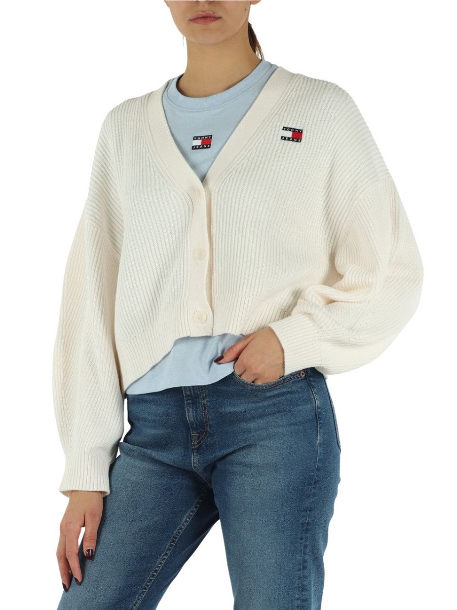 Donna TOMMY JEANS | Cardigan A Coste In Cotone Con Ricamo Logo Panna