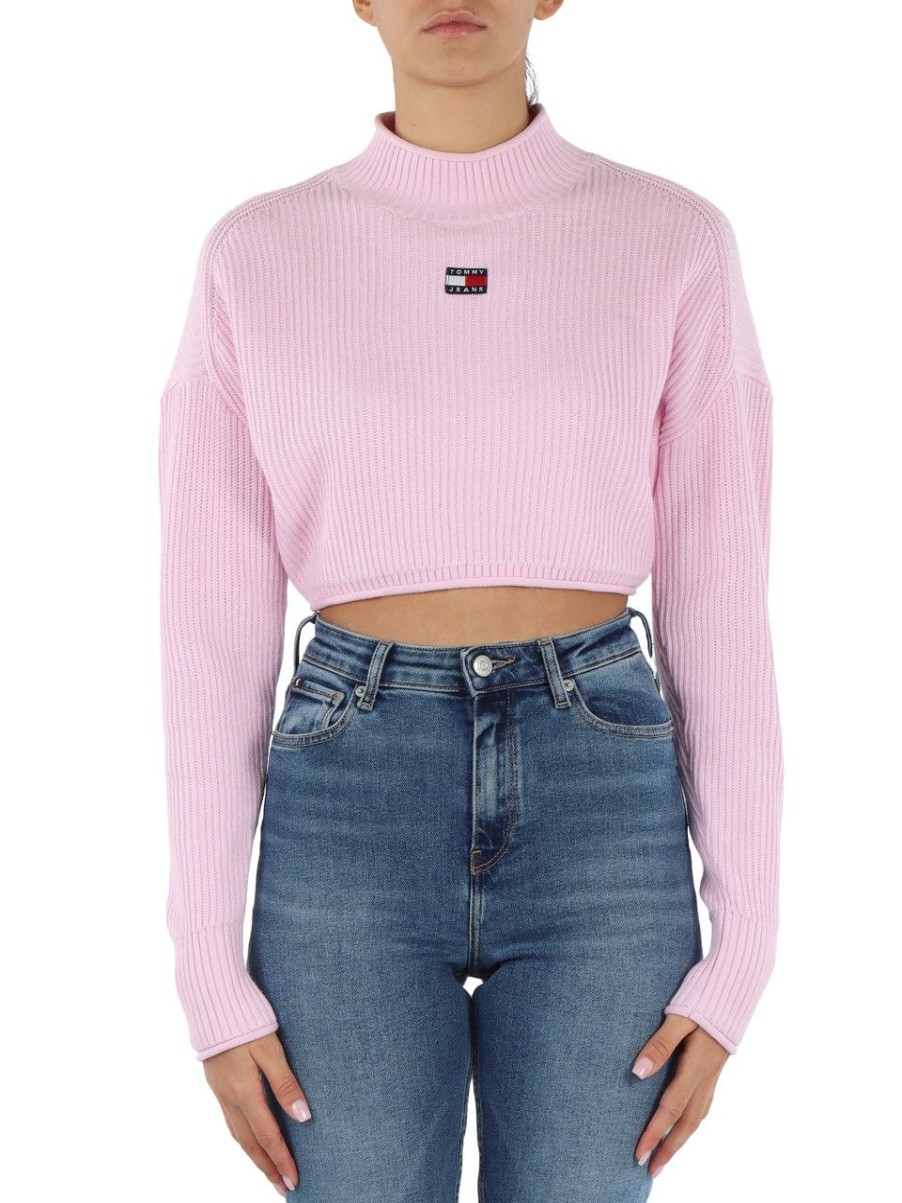 Donna TOMMY JEANS | Maglia Cropped In Cotone Con Patch Logo Frontale Rosa