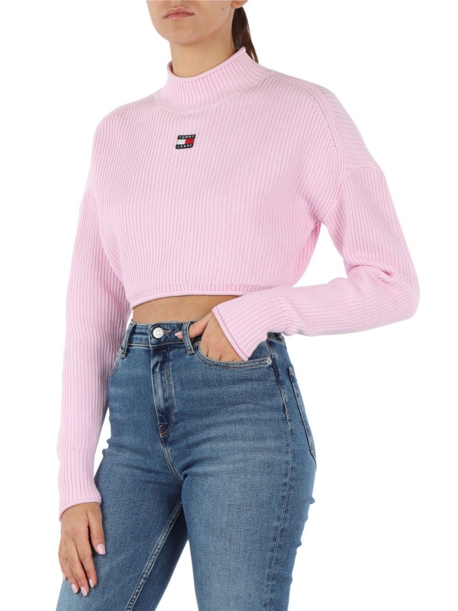 Donna TOMMY JEANS | Maglia Cropped In Cotone Con Patch Logo Frontale Rosa