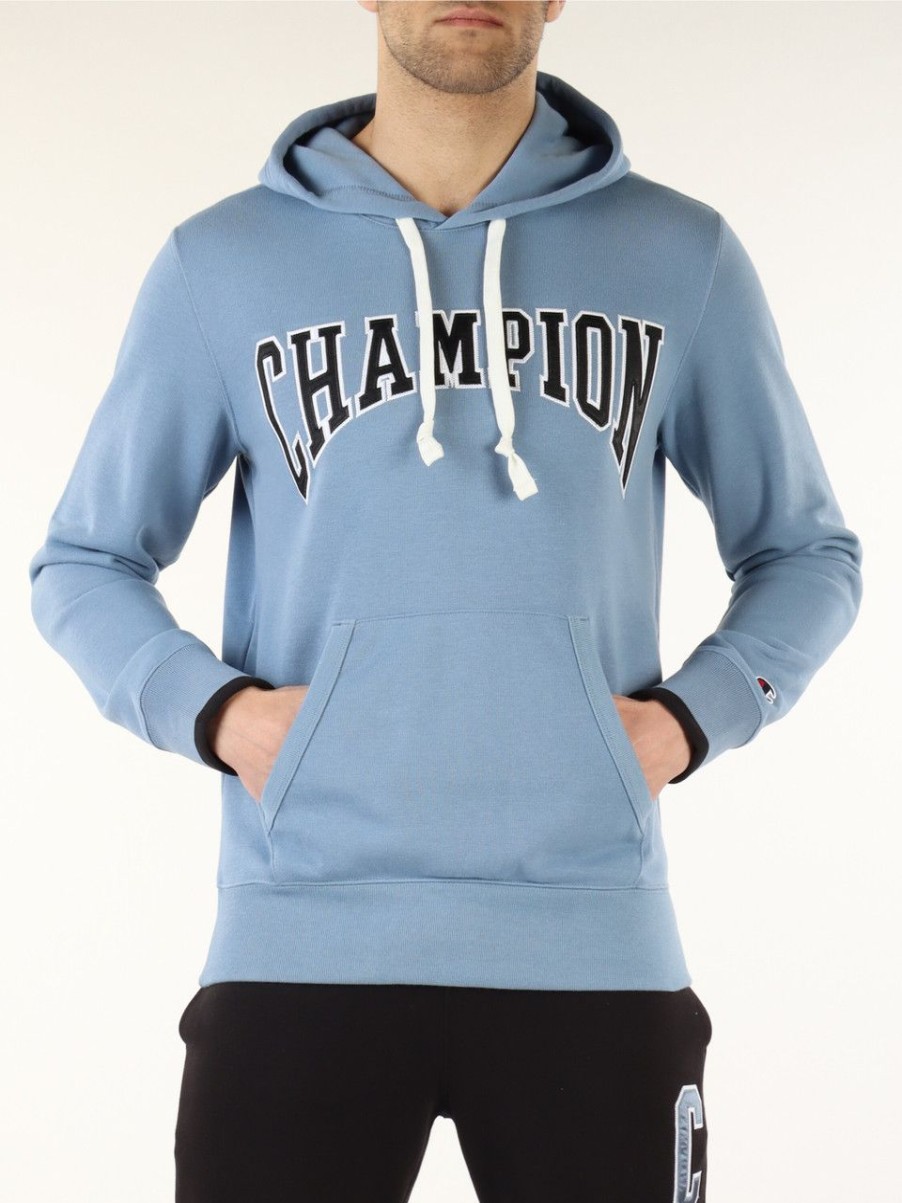 Uomo CHAMPION | Felpa In Misto Cotone Con Cappuccio E Scritta Logo Blu Chiaro