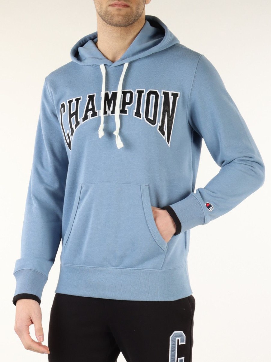 Uomo CHAMPION | Felpa In Misto Cotone Con Cappuccio E Scritta Logo Blu Chiaro