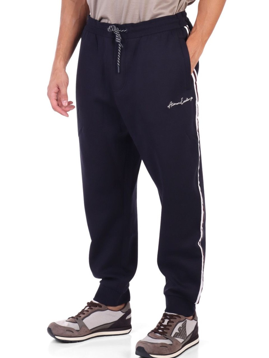 Uomo ARMANI EXCHANGE | Pantalone Sportivo In Misto Cotone Con Ricamo Logo Blu Scuro