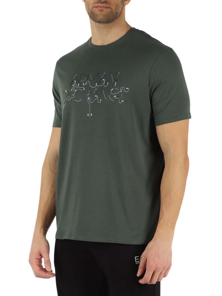 Uomo ARMANI EXCHANGE | T-Shirt Regular Fit In Cotone Con Scritta Logo A Rilievo Verde Scuro