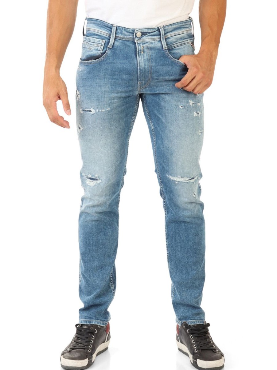 Uomo REPLAY | Pantalone Jeans Cinque Tasche Ambass Slim Fit Biopack Effetto Vintage Blu Chiaro