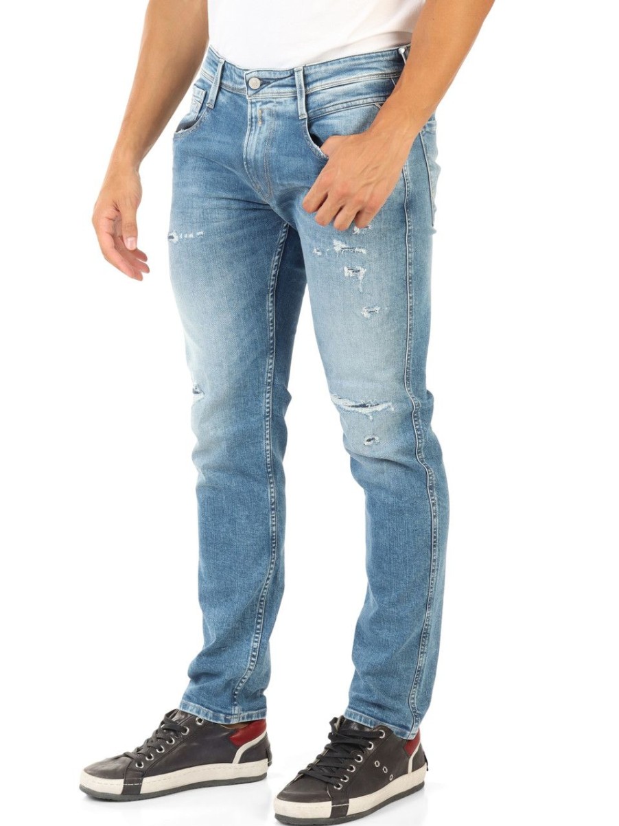 Uomo REPLAY | Pantalone Jeans Cinque Tasche Ambass Slim Fit Biopack Effetto Vintage Blu Chiaro