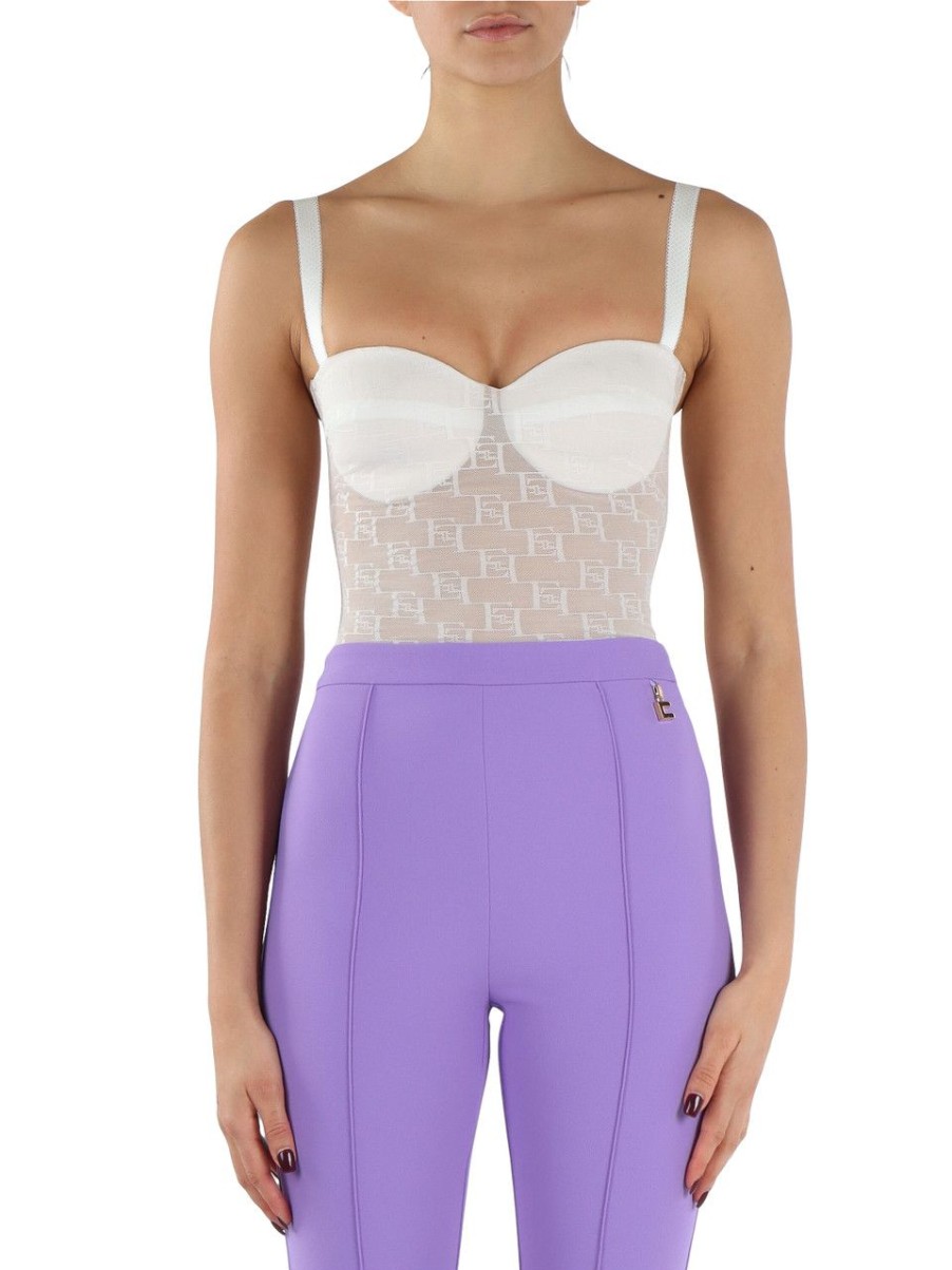 Donna ELISABETTA FRANCHI | Top Bustier In Tulle Con Ricamo Logo All Over Panna