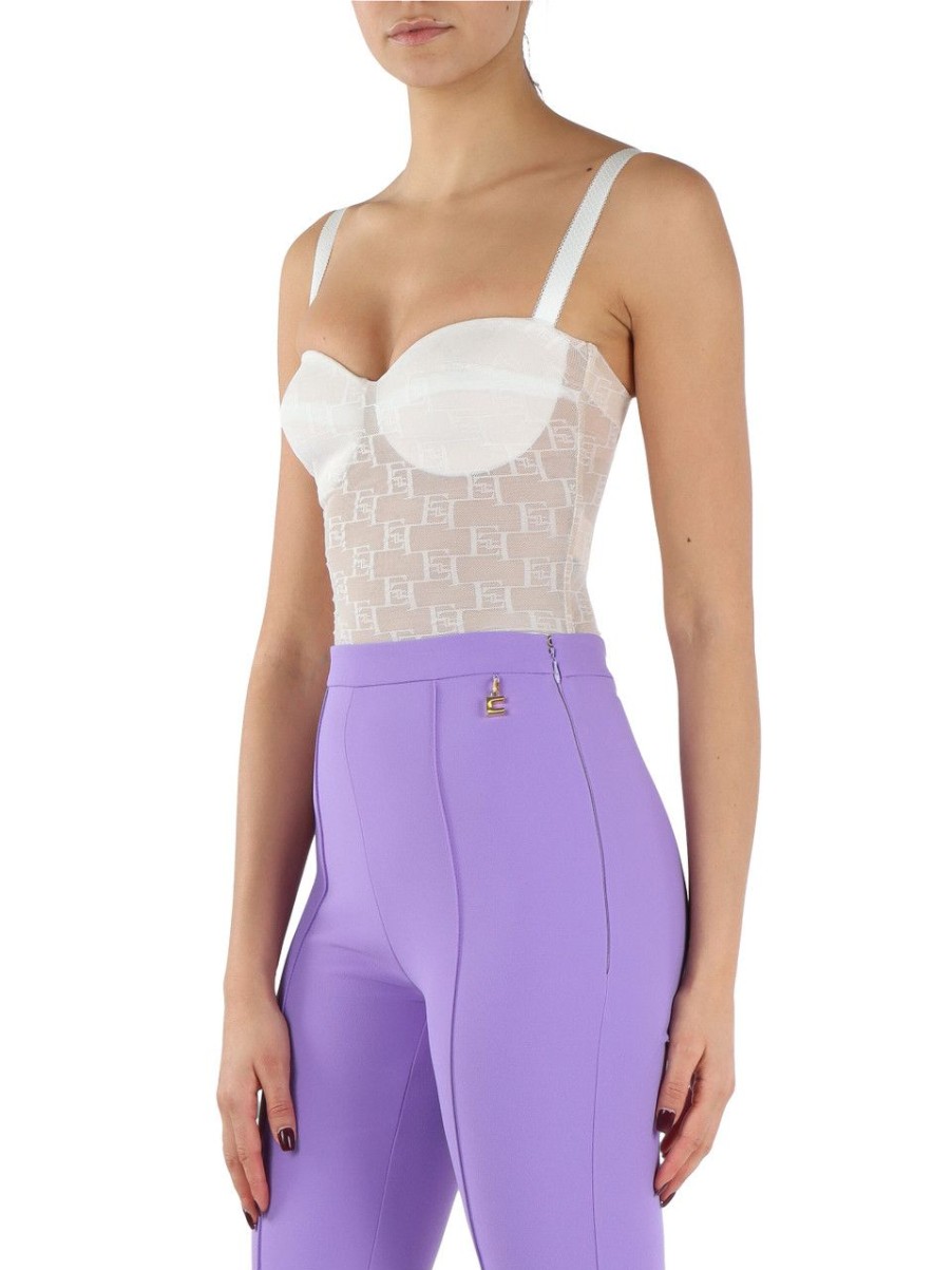 Donna ELISABETTA FRANCHI | Top Bustier In Tulle Con Ricamo Logo All Over Panna