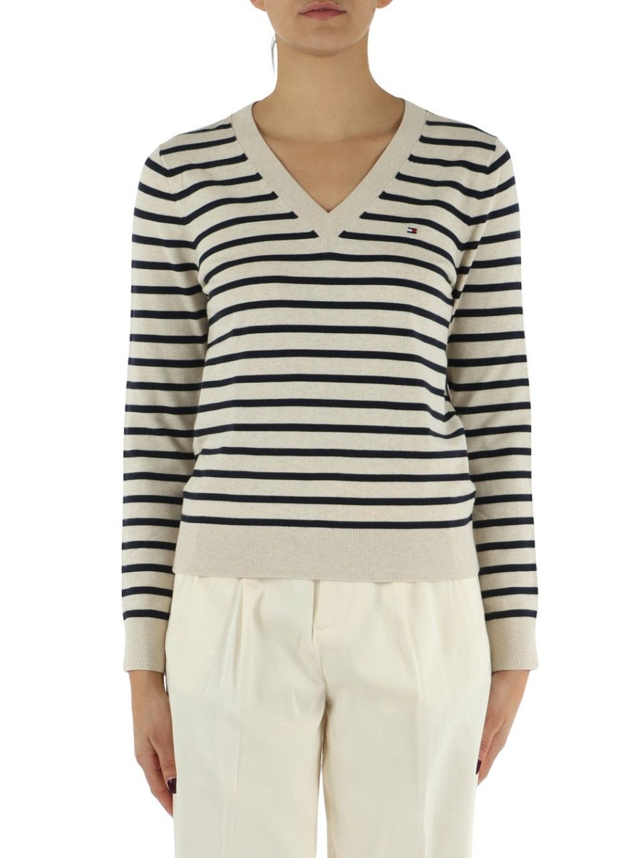 Donna TOMMY HILFIGER | Maglia Collo A V In Misto Cotone A Righe