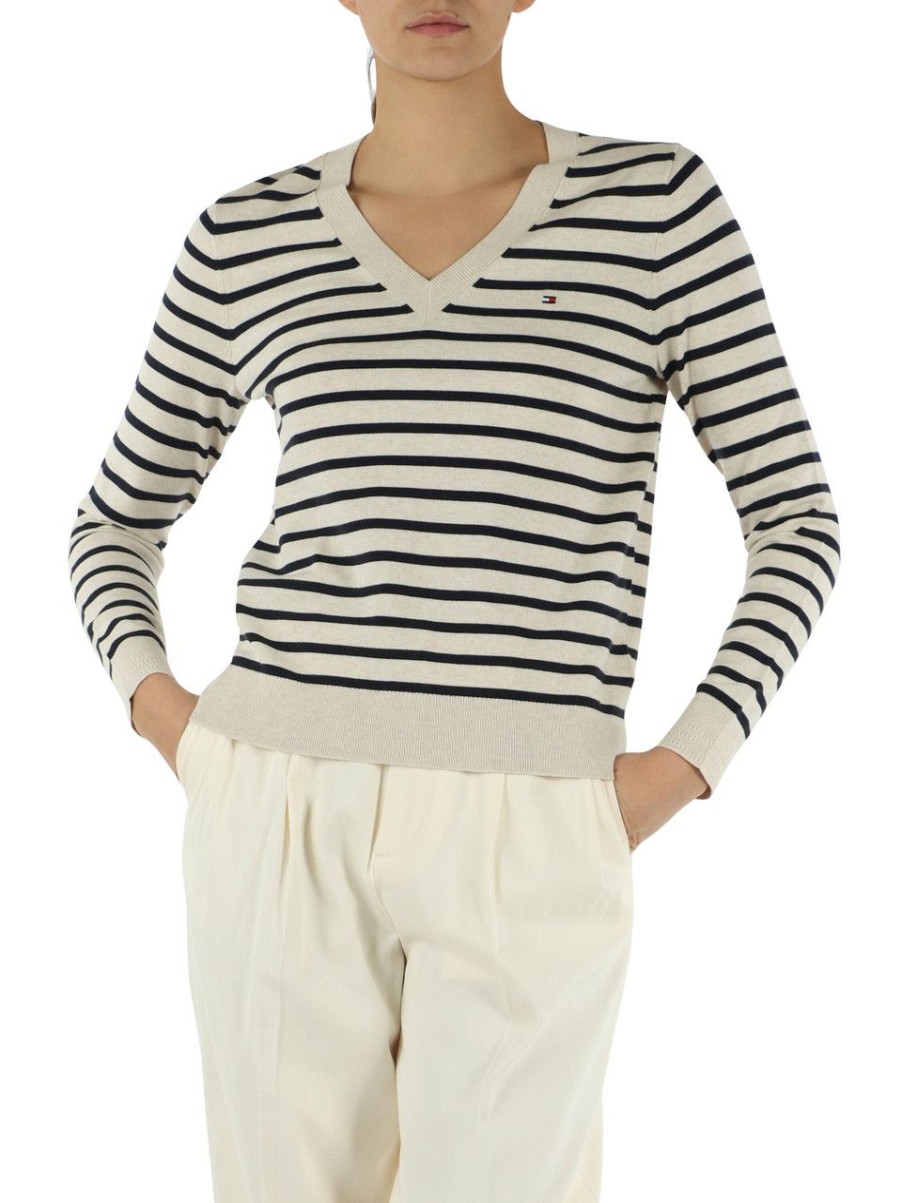 Donna TOMMY HILFIGER | Maglia Collo A V In Misto Cotone A Righe