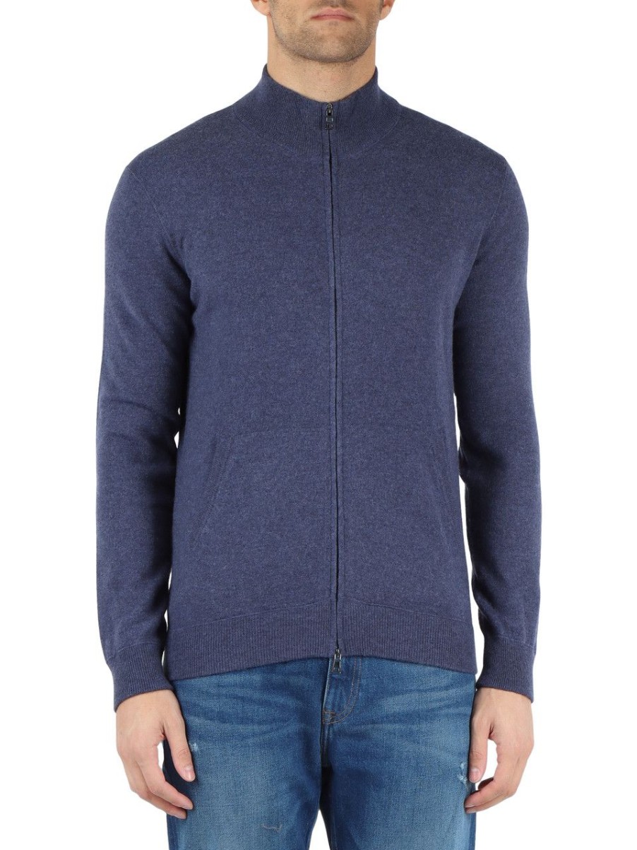 Uomo FAMA | Luxury: Cardigan Con Zip In Lana Vergine Merino Extrafine Blu Chiaro