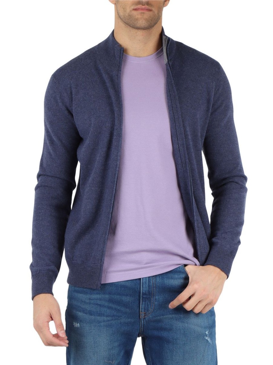 Uomo FAMA | Luxury: Cardigan Con Zip In Lana Vergine Merino Extrafine Blu Chiaro