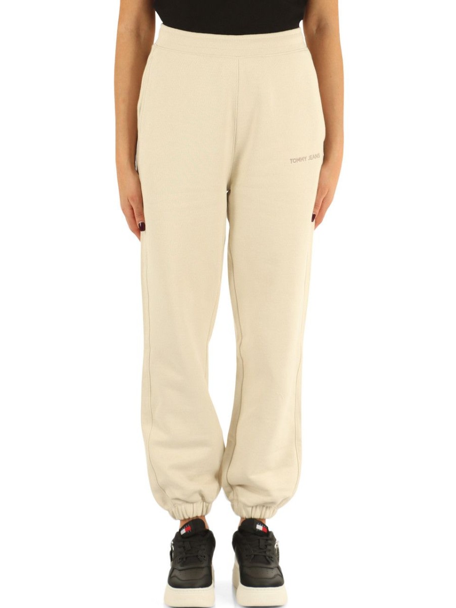 Donna TOMMY JEANS | Pantalone Sportivo In Cotone Felpato Con Ricamo Logo Beige