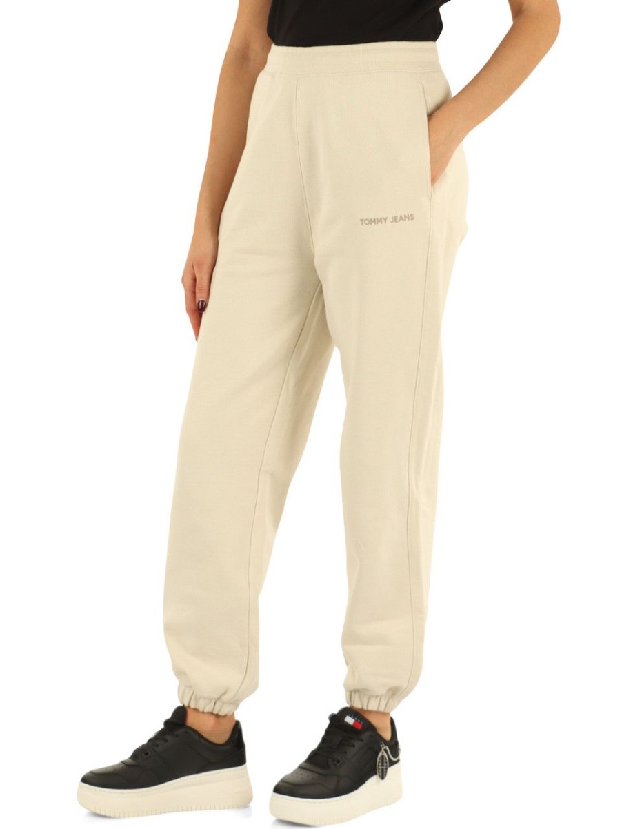 Donna TOMMY JEANS | Pantalone Sportivo In Cotone Felpato Con Ricamo Logo Beige