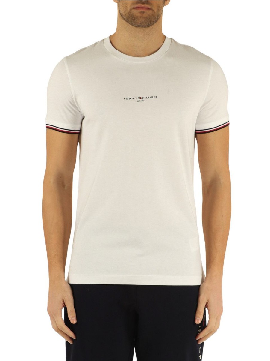 Uomo TOMMY HILFIGER | T-Shirt Slim Fit In Cotone Con Scritta Logo Bianco