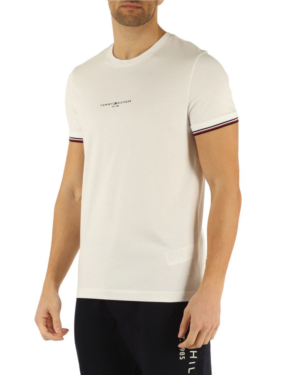 Uomo TOMMY HILFIGER | T-Shirt Slim Fit In Cotone Con Scritta Logo Bianco