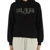 Donna TOMMY HILFIGER | Felpa In Cotone Garzato Con Cappuccio E Ricamo Logo Nero