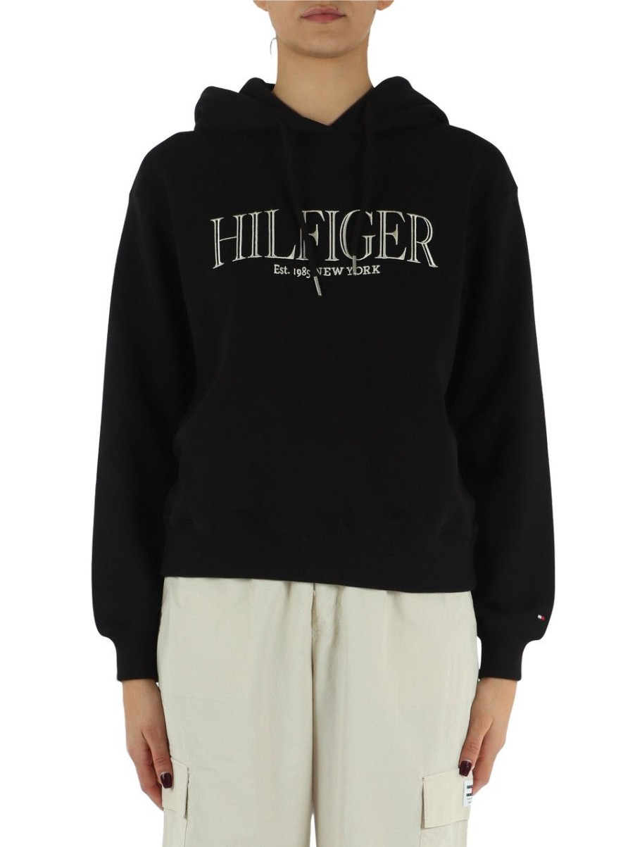 Donna TOMMY HILFIGER | Felpa In Cotone Garzato Con Cappuccio E Ricamo Logo Nero