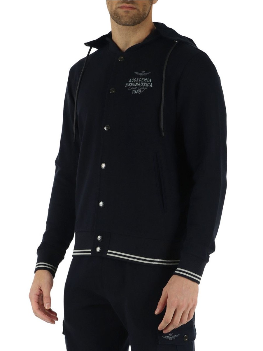 Uomo AERONAUTICA MILITARE | Felpa In Cotone Garzato Stretch Con Cappuccio Blu Scuro