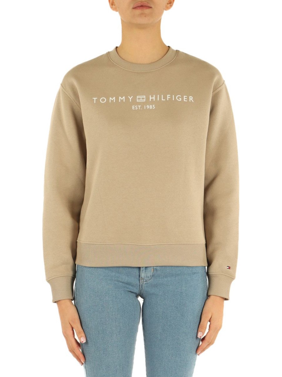 Donna TOMMY HILFIGER | Felpa Girocollo In Misto Cotone Con Scritta Logo Beige