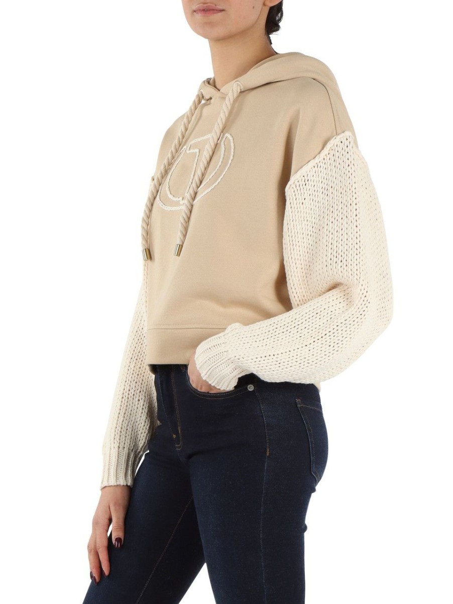 Donna TWINSET | Felpa In Cotone Organico Con Maniche A Contrasto Beige