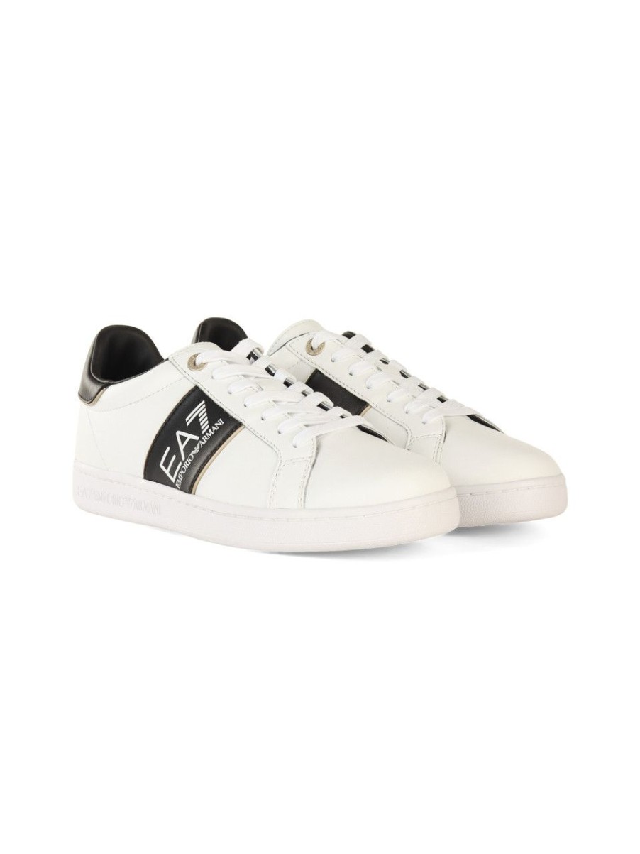 Uomo EA7 | Sneakers In Pelle Con Stampa Logo A Rilievo Bianco/Nero