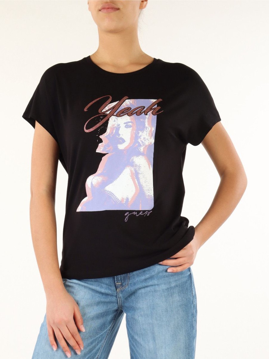 Donna GUESS | T-Shirt In Viscosa Stretch Con Stampa Frontale Nero