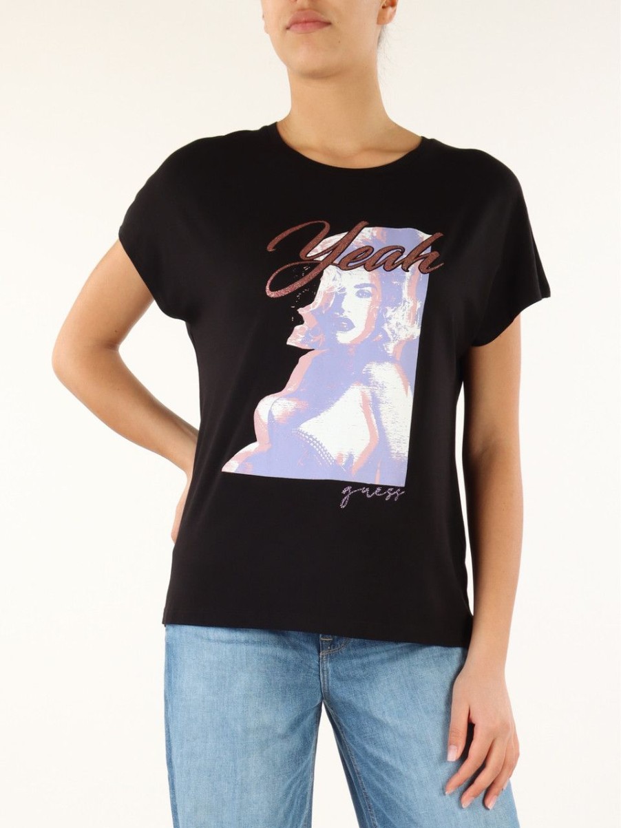 Donna GUESS | T-Shirt In Viscosa Stretch Con Stampa Frontale Nero