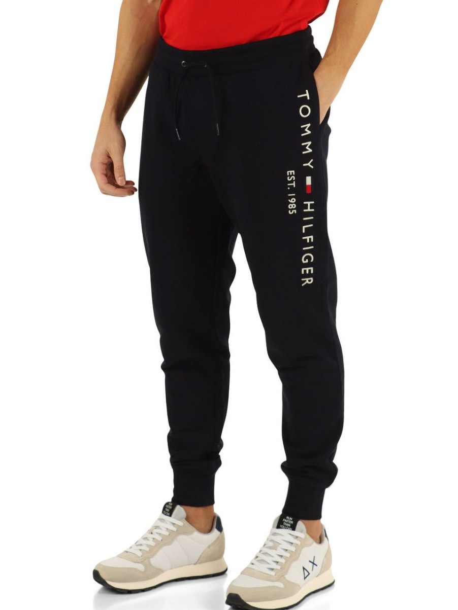 Uomo TOMMY HILFIGER | Pantalone Sportivo In Cotone Garzato Con Ricamo Logo Blu Scuro