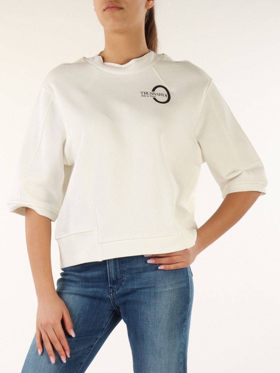 Donna TRUSSARDI | Felpa Over Fit In Cotone Con Stampa Logo Panna