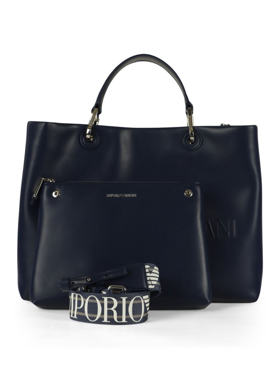 Donna EMPORIO ARMANI | Borsa A Mano Grande Con Stampa Logo A Rilievo Blu