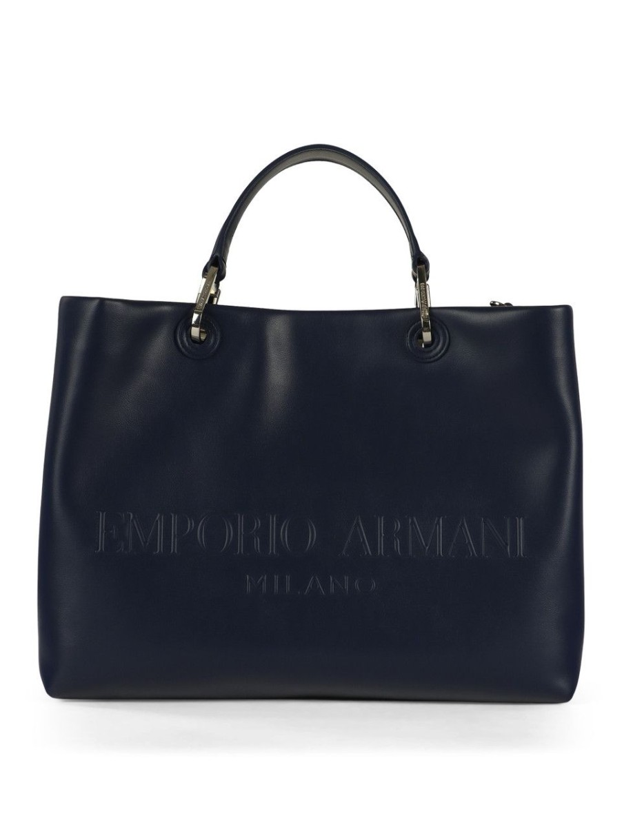 Donna EMPORIO ARMANI | Borsa A Mano Grande Con Stampa Logo A Rilievo Blu