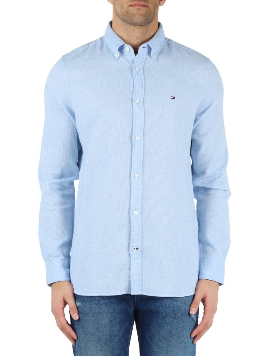 Uomo TOMMY HILFIGER | Camicia Slim Fit In Cotone Piquet Con Ricamo Logo Celeste