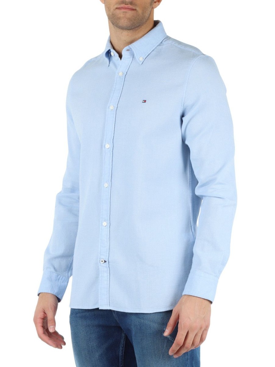 Uomo TOMMY HILFIGER | Camicia Slim Fit In Cotone Piquet Con Ricamo Logo Celeste