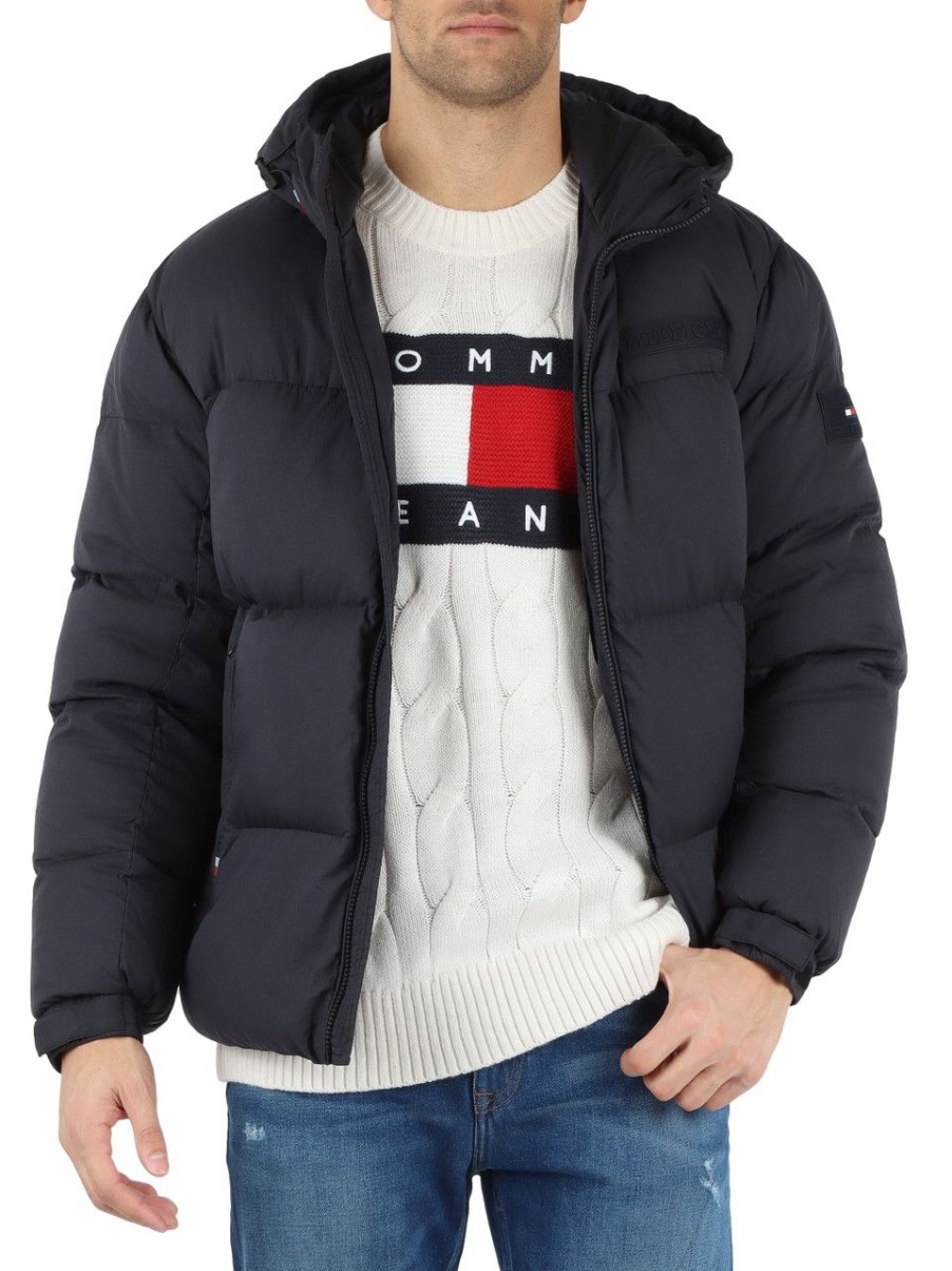 Uomo TOMMY HILFIGER | Piumino Trapuntato Con Cappuccio E Patch Logo Blu