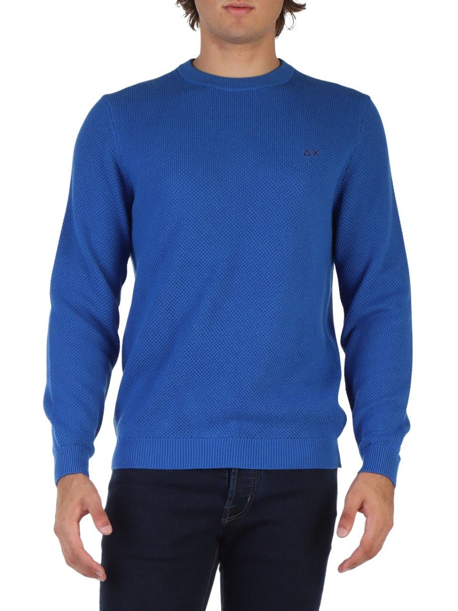 Uomo SUN68 | Maglia Girocollo In Cotone E Lana Merino Bluette