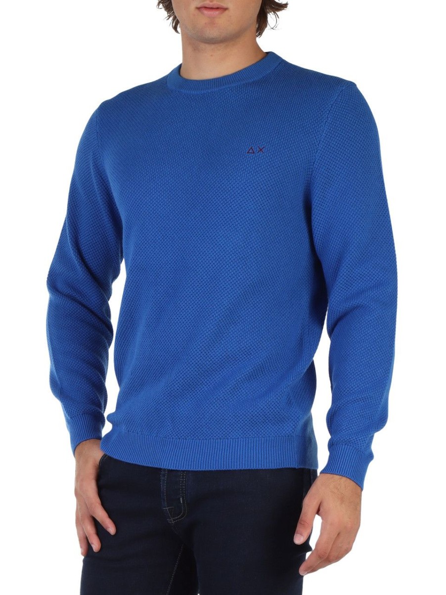 Uomo SUN68 | Maglia Girocollo In Cotone E Lana Merino Bluette