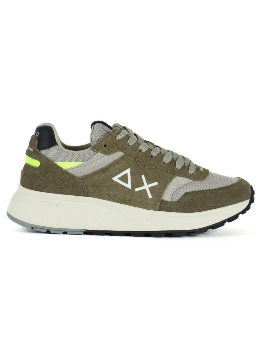 Uomo SUN68 | Sneakers In Pelle E Tessuto Daddy Verde Militare