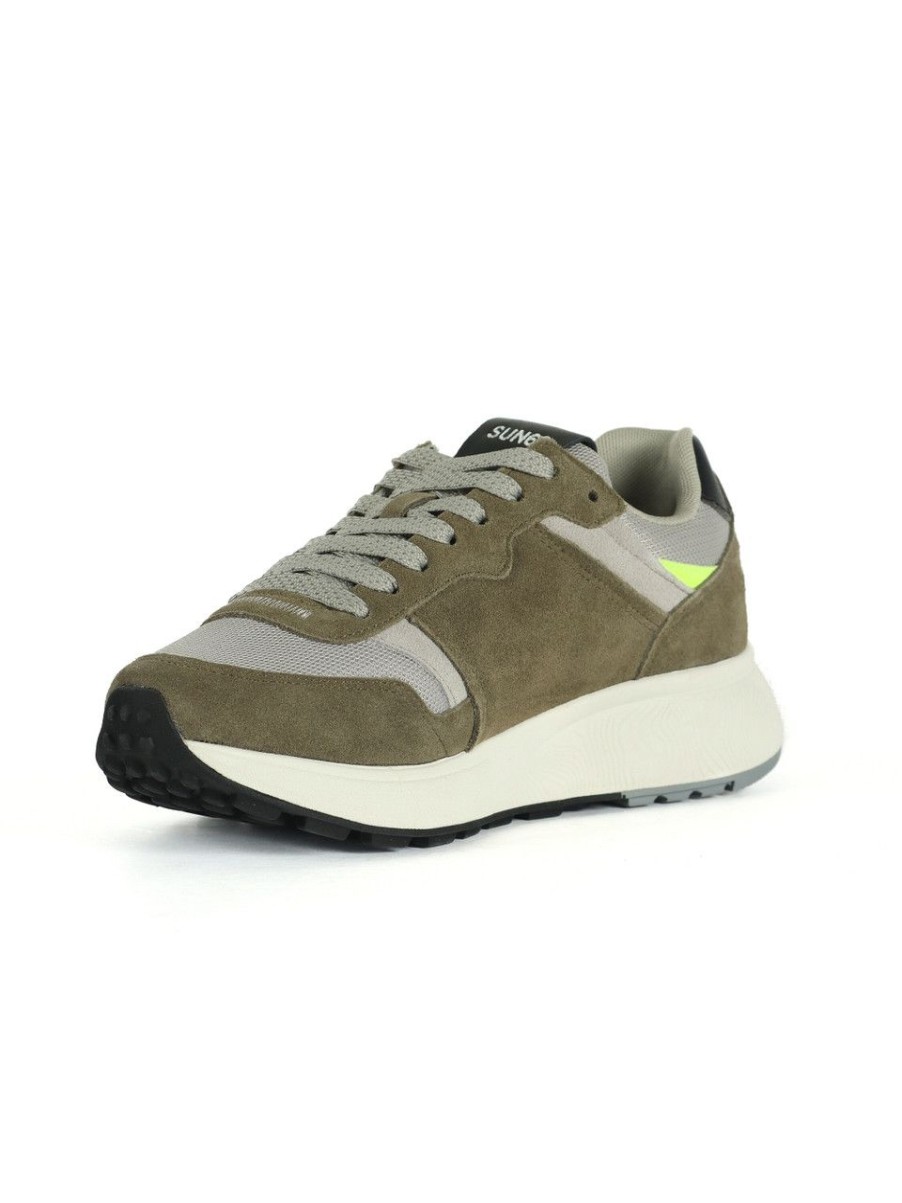 Uomo SUN68 | Sneakers In Pelle E Tessuto Daddy Verde Militare