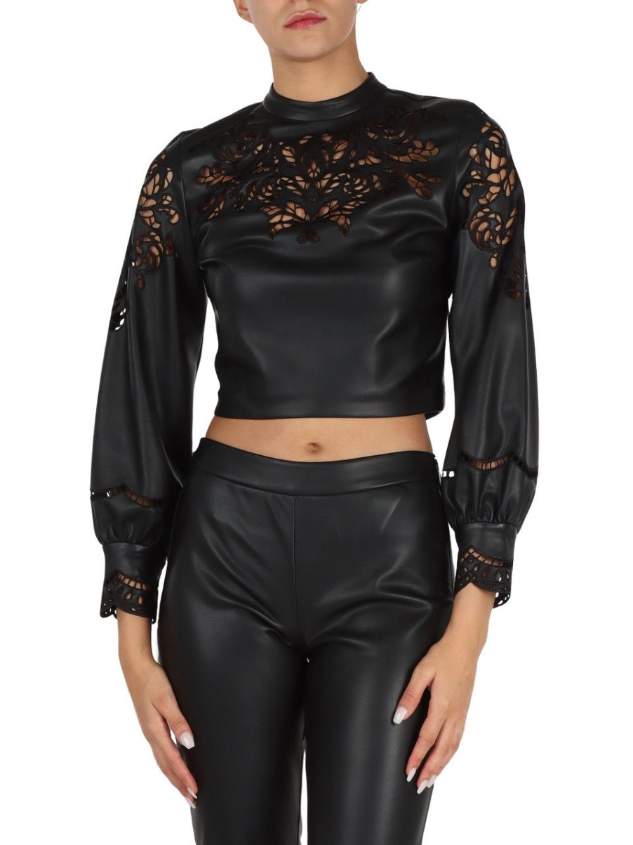 Donna MARCIANO GUESS | Blusa Cropped In Ecopelle Con Ricami Nero