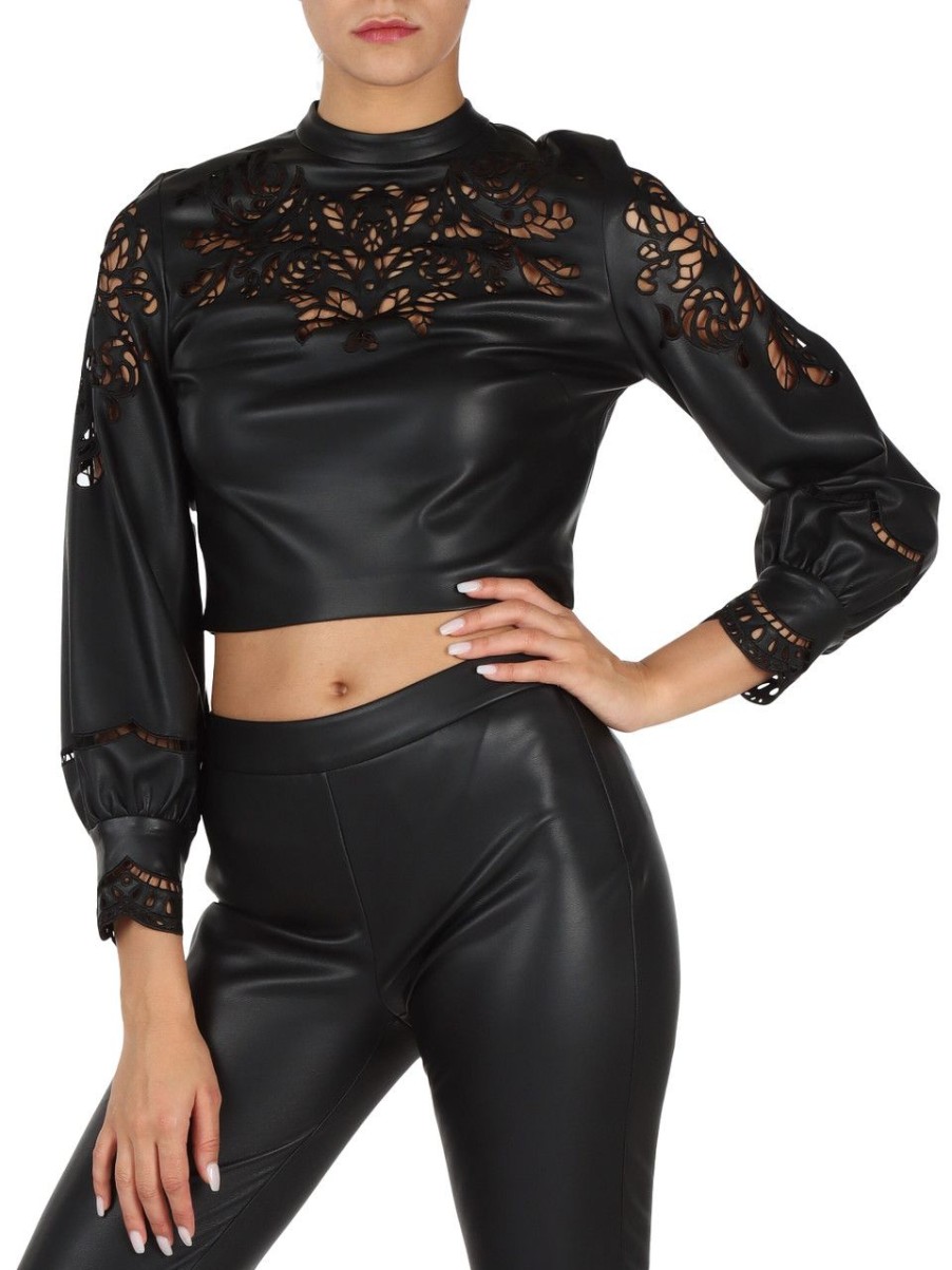 Donna MARCIANO GUESS | Blusa Cropped In Ecopelle Con Ricami Nero