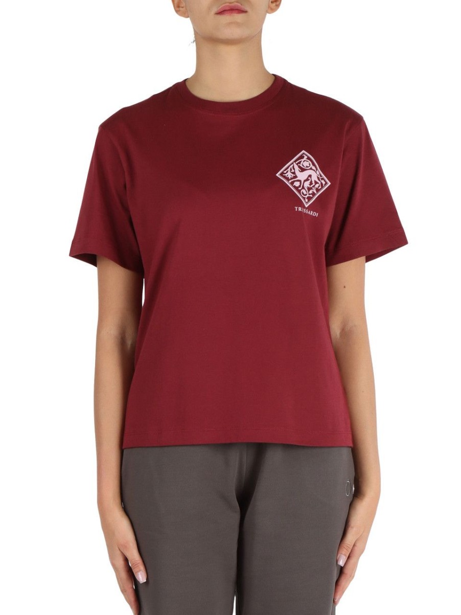 Donna TRUSSARDI | T-Shirt In Cotone Con Stampa Logo Frontale Bordeaux