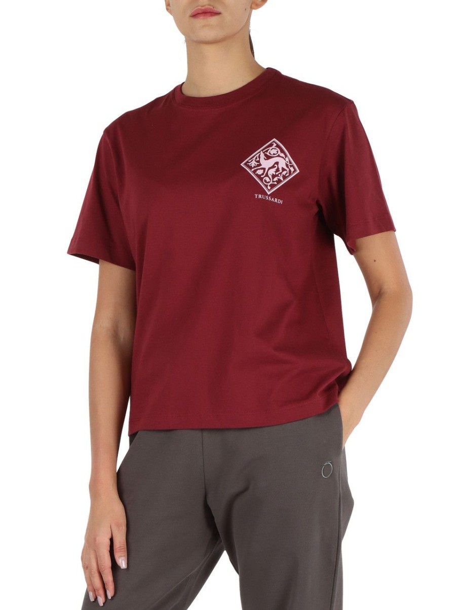 Donna TRUSSARDI | T-Shirt In Cotone Con Stampa Logo Frontale Bordeaux