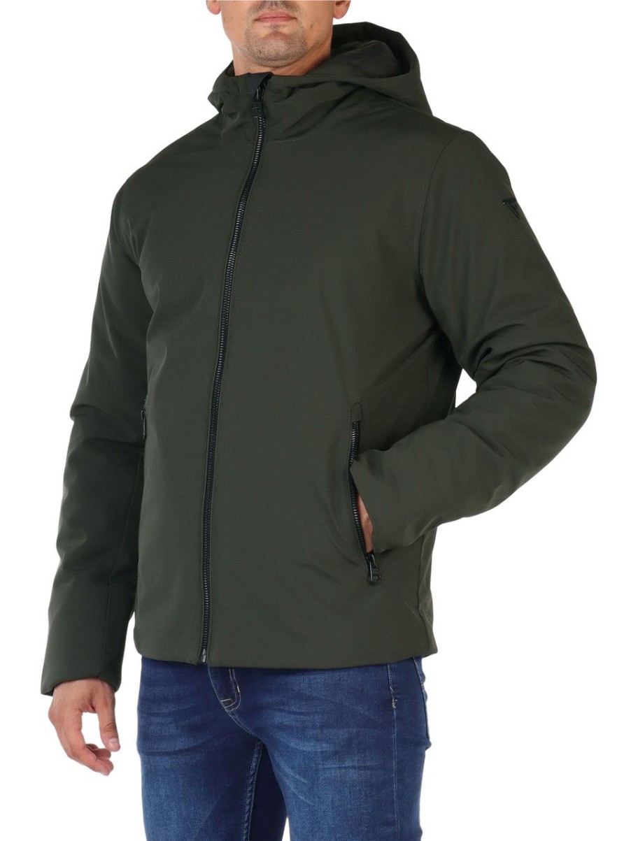 Uomo FRED MELLO | Giubbotto Imbottito Con Cappuccio In Tessuto Stretch Verde Scuro