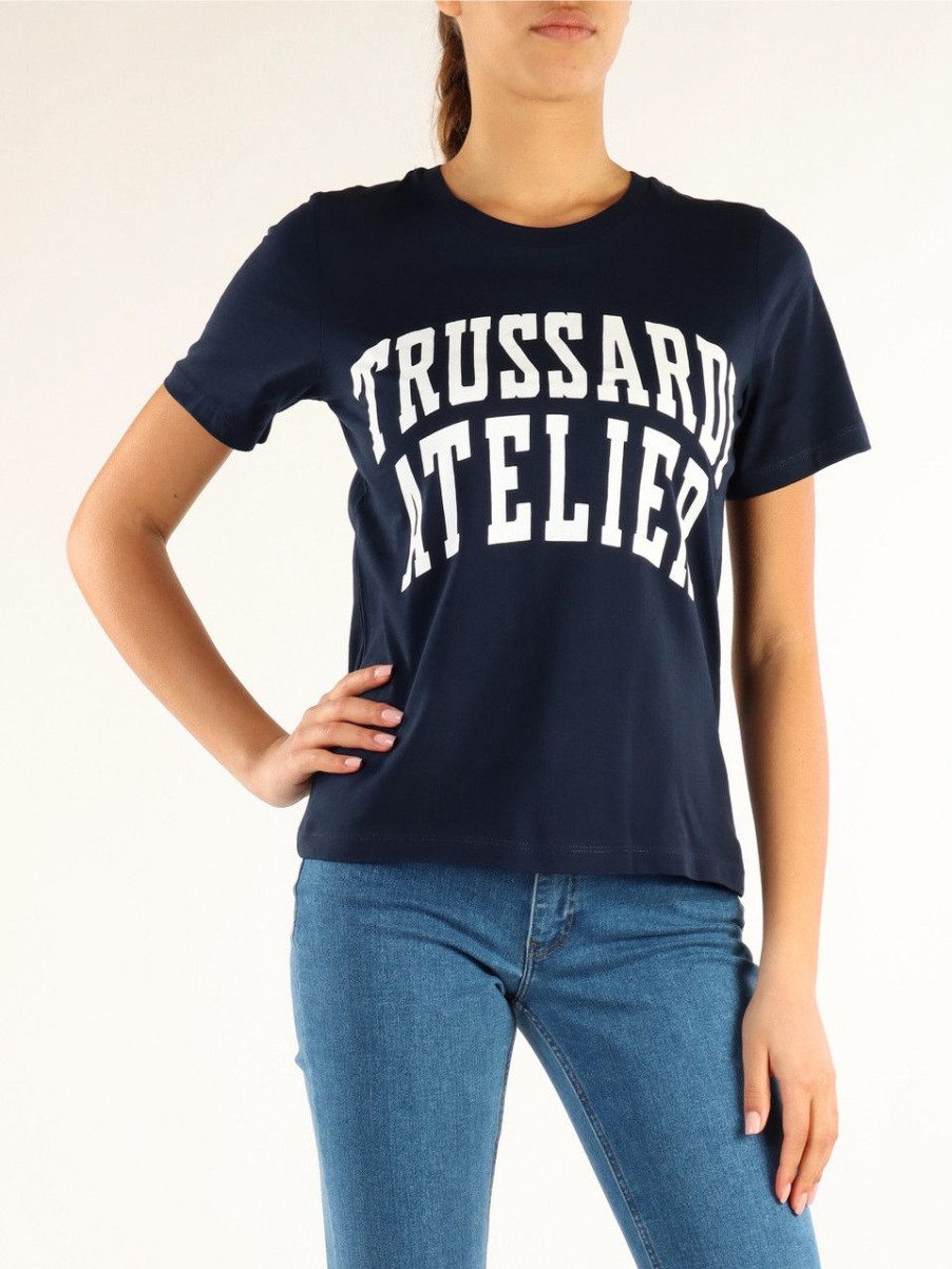 Donna TRUSSARDI | T-Shirt In Cotone Con Scritta Logo Frontale Blu Scuro