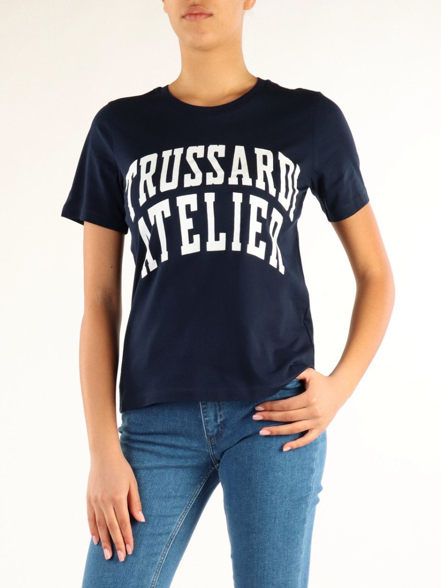 Donna TRUSSARDI | T-Shirt In Cotone Con Scritta Logo Frontale Blu Scuro