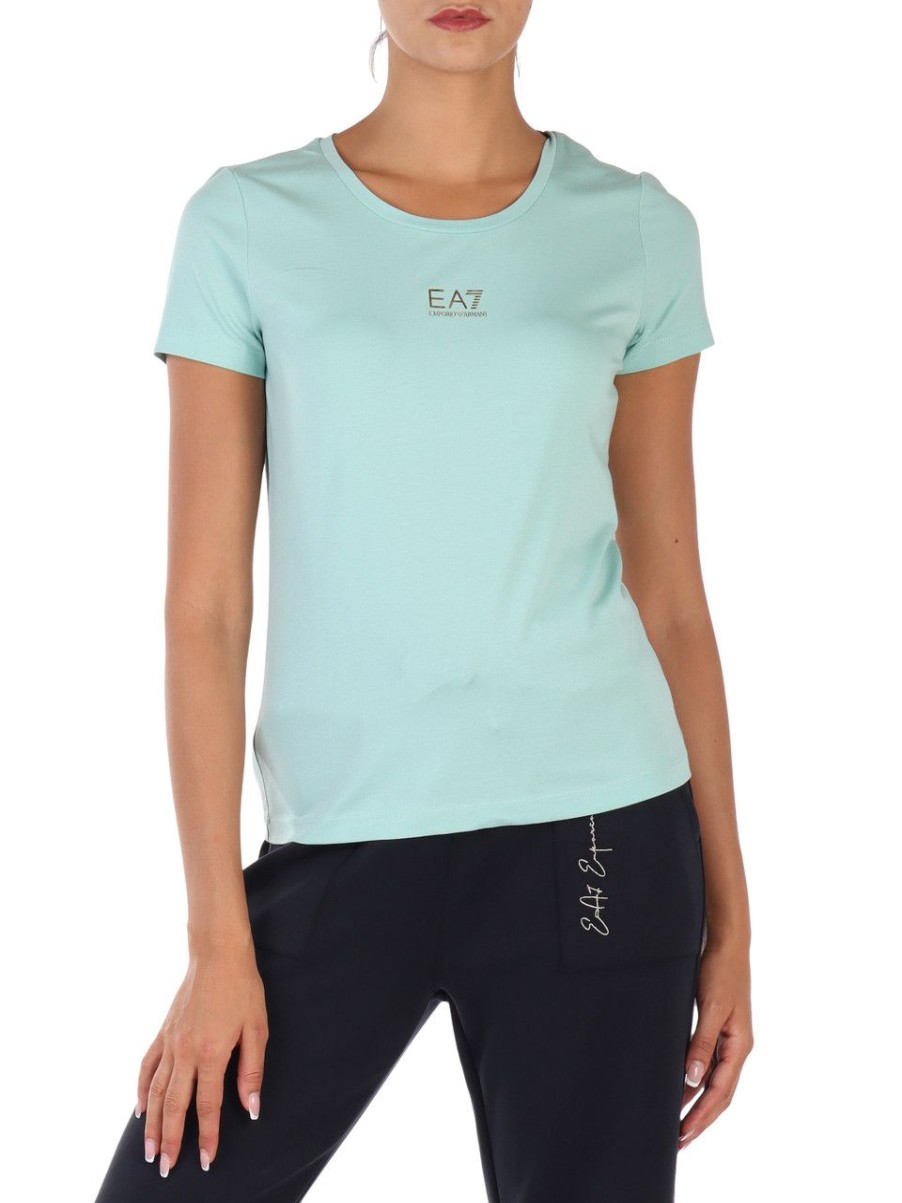 Donna EA7 | T-Shirt In Cotone E Modal Con Stampa Logo Verde Chiaro