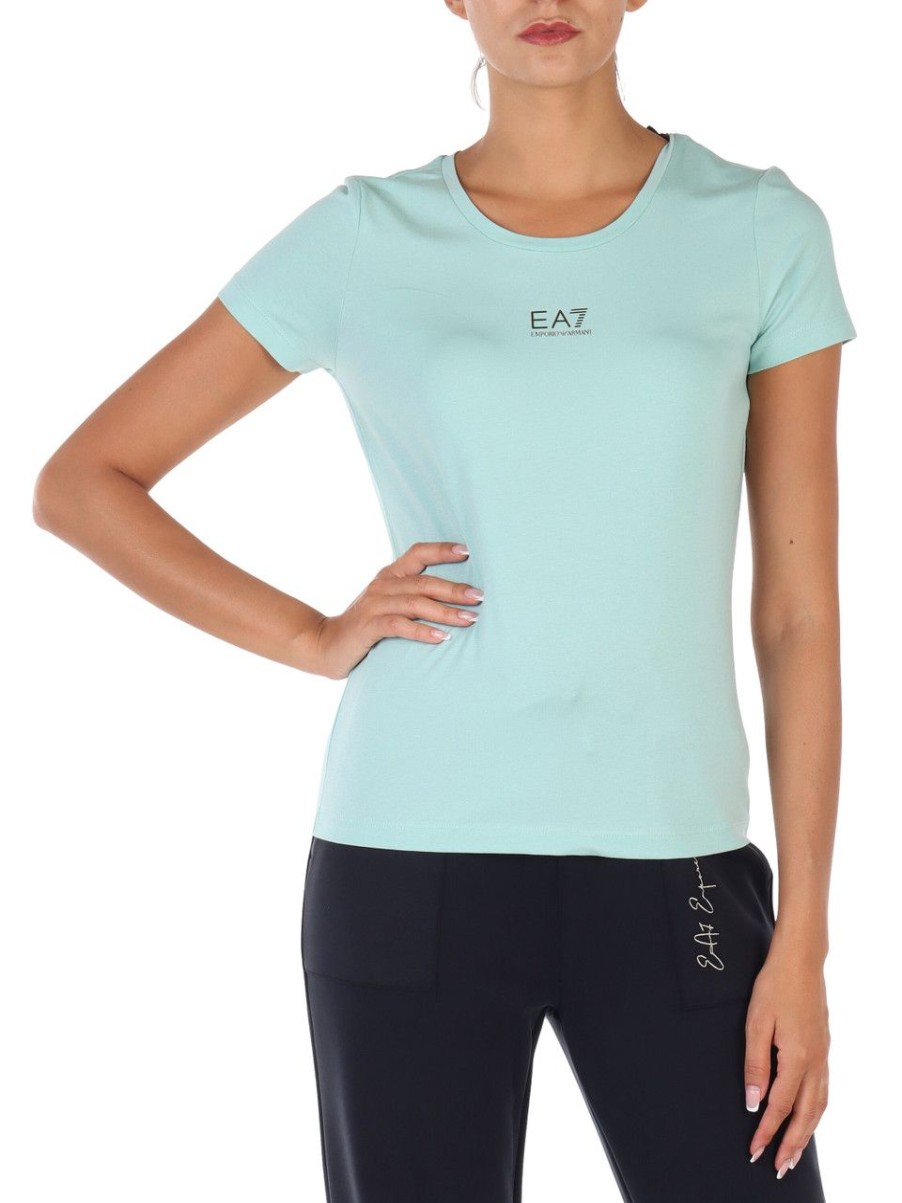 Donna EA7 | T-Shirt In Cotone E Modal Con Stampa Logo Verde Chiaro