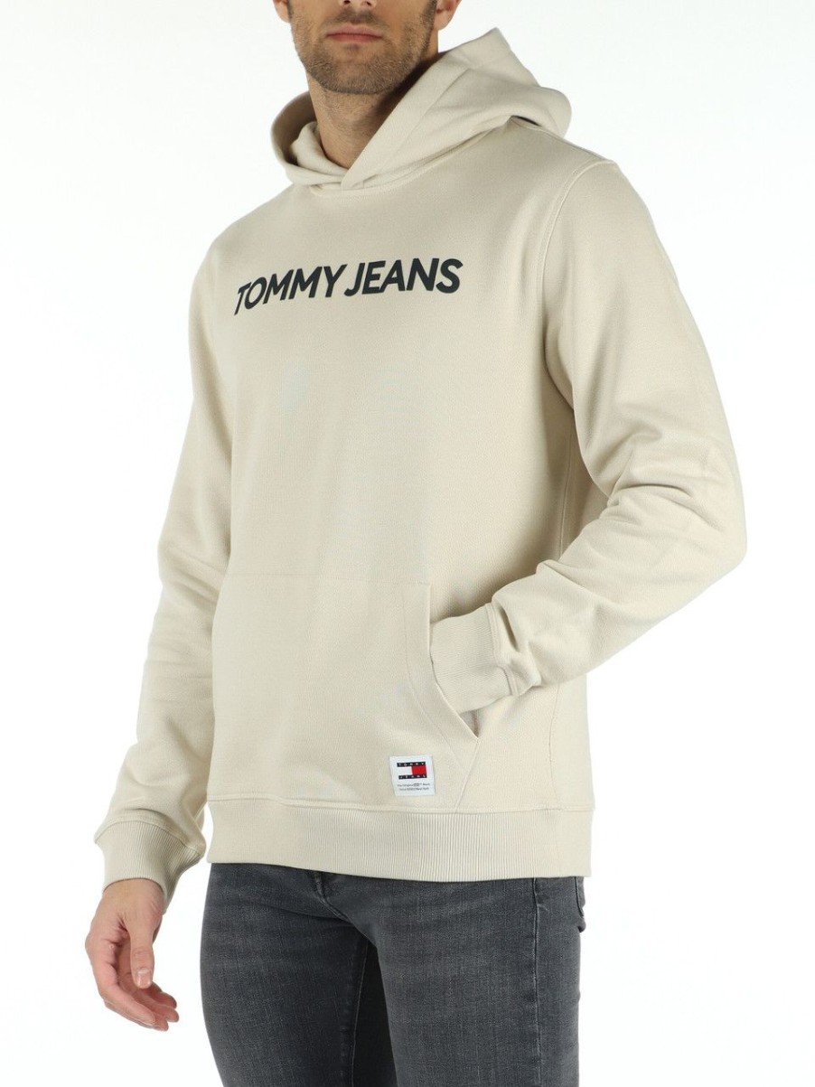 Uomo TOMMY JEANS | Felpa In Cotone Con Cappuccio E Scritta Logo Beige